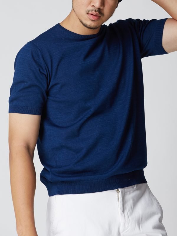 BN Natural Blue Crew Neck Fine Gauge Sweater Short Sleeve (Dark Blue) - Image 5